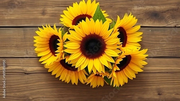 Obraz Sunflower arrangement on a rustic wooden surface with warm yellow tones.