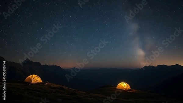 Obraz Starry mountain landscape at night with an illuminated tent under the milky way, serene and vast.