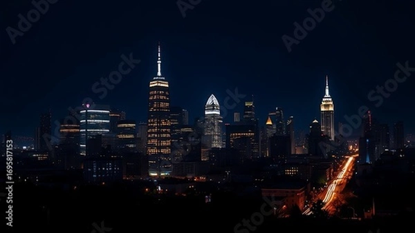 Obraz Nighttime city skyline with glowing windows and streetlights, capturing urban vibrancy.
