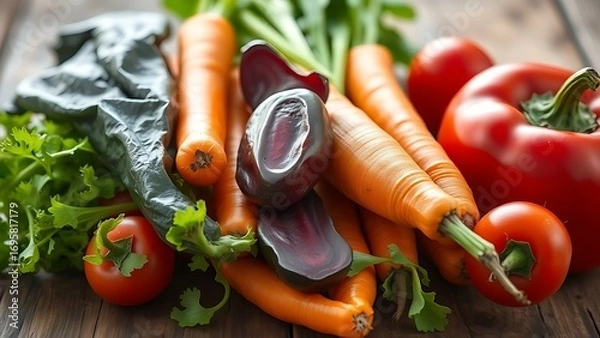 Obraz Close-up of vibrant organic vegetables on a rustic surface, highlighting healthy food choices.