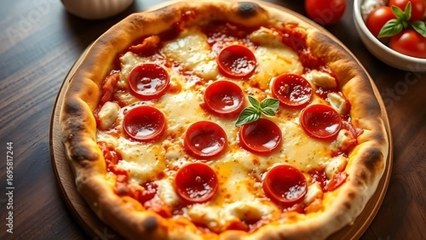 Obraz Freshly baked pepperoni pizza with gooey cheese, captured from above in warm inviting light.