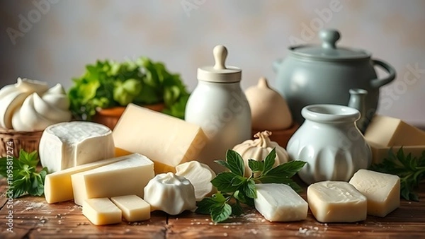 Obraz Fresh dairy products arranged on a rustic wooden table with a softly blurred pastel backdrop.