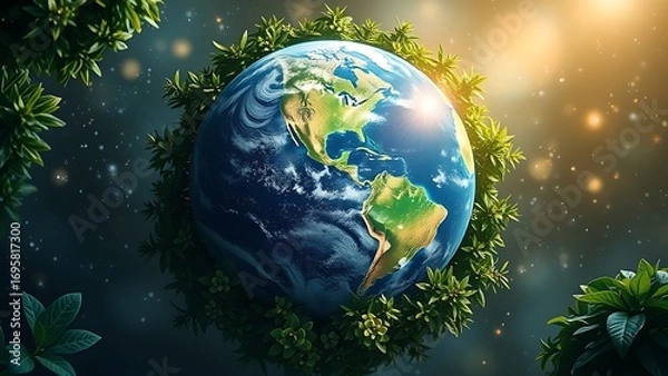 Obraz Earth globe embraced by lush greenery under soft glowing light, symbolizing environmental harmony.
