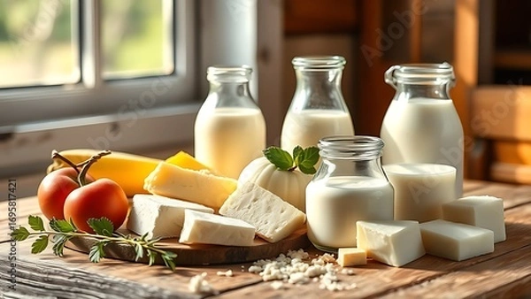 Obraz Fresh dairy products arranged artistically on a rustic wooden surface with warm morning light.