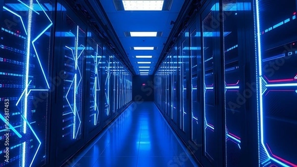Obraz Futuristic server room corridor illuminated by blue LED lights, creating geometric light trails.