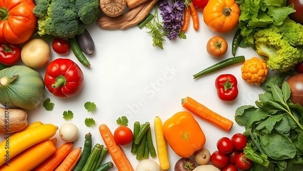 Obraz Circular arrangement of fresh produce, vibrant colors under crisp studio lighting.