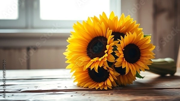 Obraz Rustic wooden table adorned with a vibrant sunflower bouquet in warm natural light.