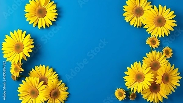 Obraz Vibrant yellow gerbera daisies arranged in geometric pattern against deep blue background.