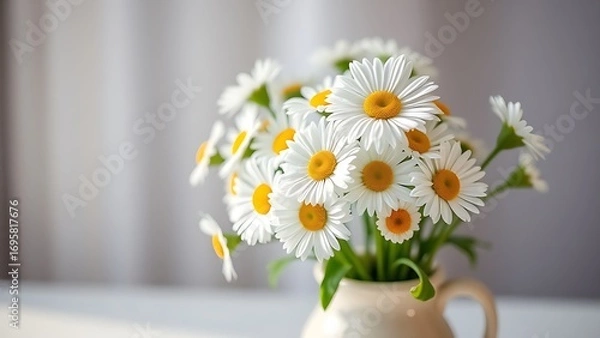 Obraz Fresh daisy bouquet in a ceramic vase bathed in morning light, with a soft pastel palette and bokeh background.