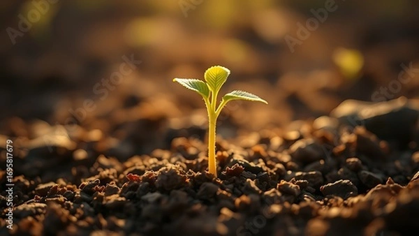 Obraz Young sapling emerging from rich soil, sunlight filtering through leaves in a detailed macro view.