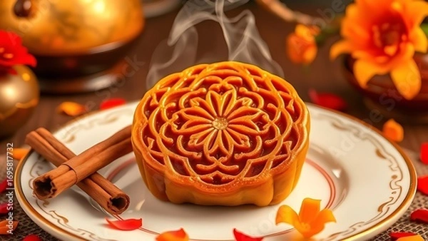 Obraz Traditional mooncake on porcelain plate with cinnamon sticks and chrysanthemum petals, golden lighting.