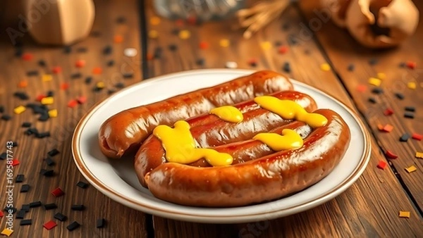 Obraz Steaming bratwurst with mustard on porcelain plate, rustic table with scattered confetti.