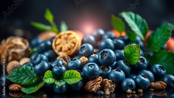 Obraz A vibrant still life of blueberries, nuts, and greens glowing against a dark background.