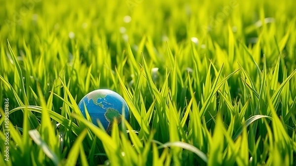 Obraz A small globe resting on lush green grass, symbolizing environmental awareness and global unity.