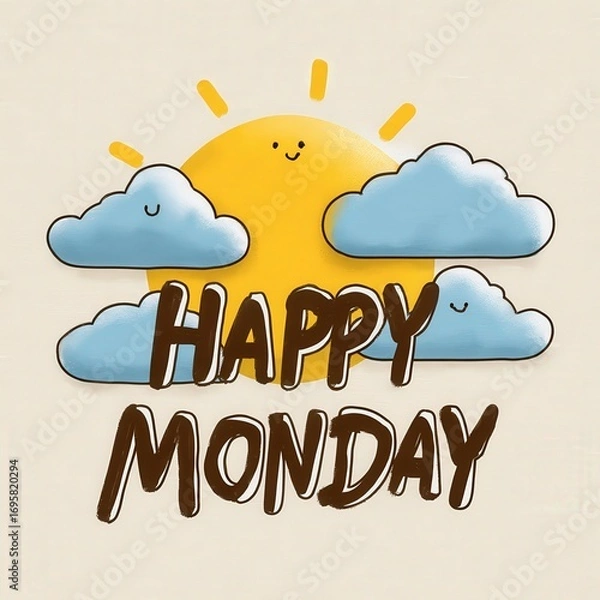 Fototapeta Happy Monday Illustration with Smiling Sun and Clouds