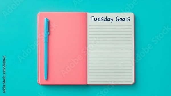 Fototapeta Open Planner with Pen and Tuesday Goals on Vibrant Background