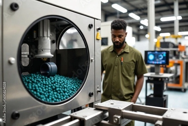 Fototapeta Sustainable circular economy process showing disassembly, automated sorting, and remanufacturing of products in a high-tech factory.