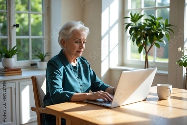 Fototapeta Senior woman engaged in a telehealth video consultation with a doctor from her serene and comfortable sunlit home, using a laptop.