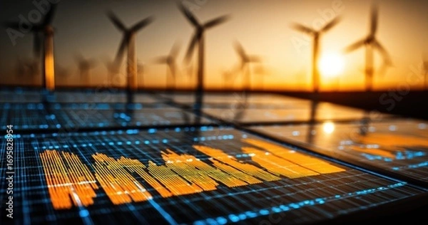 Obraz Wind turbines at sunset; data graphs overlaid
