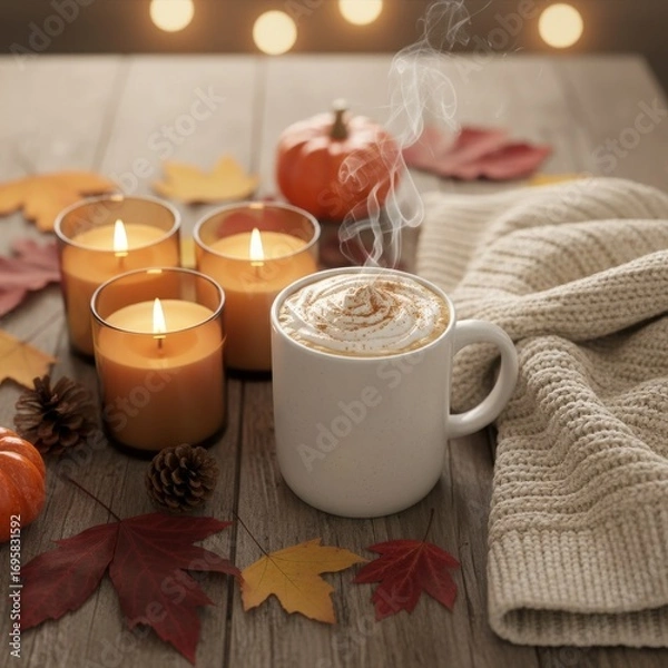 Fototapeta Cozy autumn scene: steaming pumpkin spice latte, candles, autumn leaves, pine cones, and a warm sweater. Perfect for fall blogs, websites, or social media.  Enjoy the warmth!