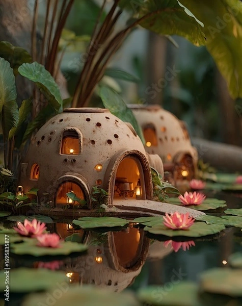 Fototapeta Enchanted Clay Cottages on a Lotus Pond at Dusk