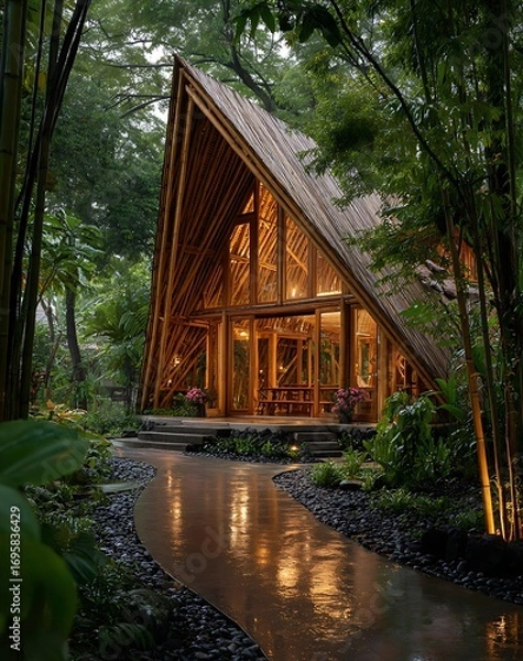 Fototapeta Triangular Bamboo Structure in Lush Forest After Rain