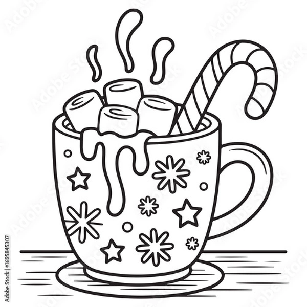Fototapeta Christmas Hot Cocoa Mug with Marshmallows and Candy Cane – Line Art Coloring Page