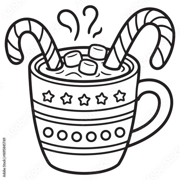 Fototapeta Hot Cocoa Mug with Marshmallows and Candy Canes Line Art Coloring Page