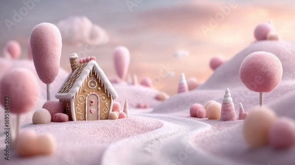 Obraz Cgi candy valley with gingerbread cottage and colorful sweets