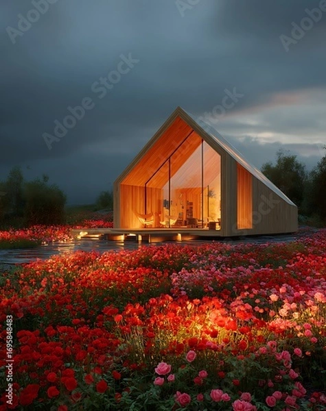 Fototapeta Illuminated Wooden Cabin Amidst a Field of Red and Pink Roses at Dusk