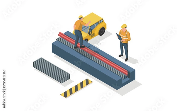 Fototapeta Isometric illustration of construction workers inspecting and managing steel rebars, featuring a yellow vehicle and safety equipment in a construction site setting