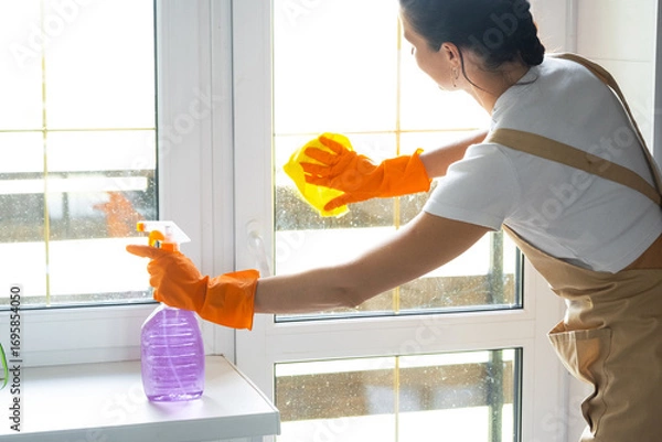 Fototapeta Woman in rubber gloves and apron manually washes window balcony of house with rag cleaner and mop inside interior. Restoring order and cleanliness in spring, cleaning servise
