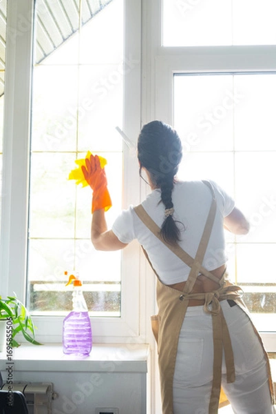Fototapeta Woman in rubber gloves and apron manually washes window balcony of house with rag cleaner and mop inside interior. Restoring order and cleanliness in spring, cleaning servise