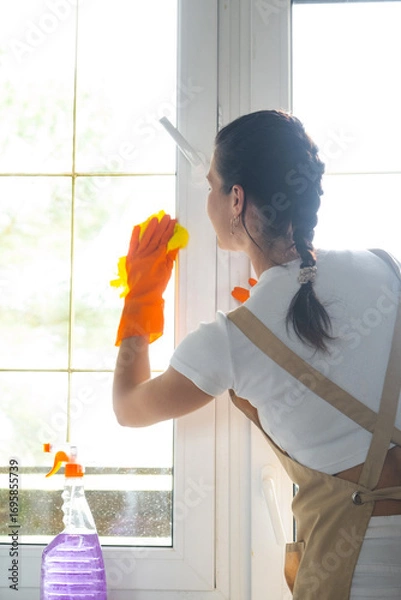 Fototapeta Woman in rubber gloves and apron manually washes window balcony of house with rag cleaner and mop inside interior. Restoring order and cleanliness in spring, cleaning servise