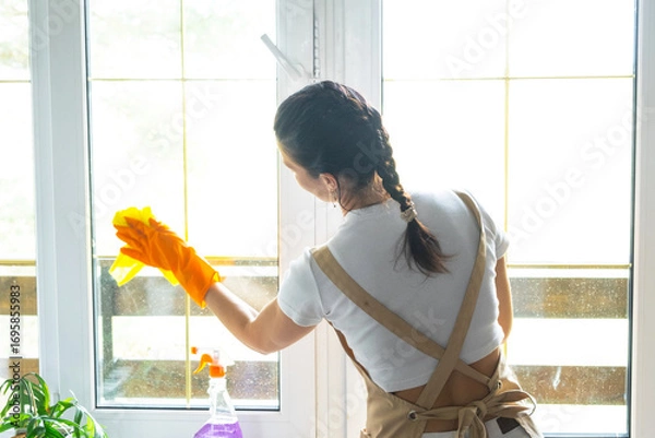 Fototapeta Woman in rubber gloves and apron manually washes window balcony of house with rag cleaner and mop inside interior. Restoring order and cleanliness in spring, cleaning servise