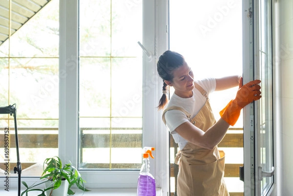 Fototapeta Woman in rubber gloves and apron manually washes window balcony of house with rag cleaner and mop inside interior. Restoring order and cleanliness in spring, cleaning servise
