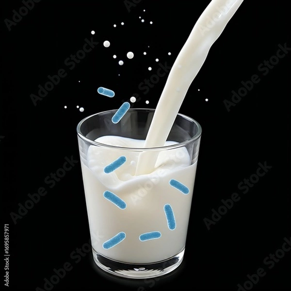 Fototapeta a glass of milk being poured. The milky liquid is infused with translucent, icy blue, rod-shaped Listeria monocytogenes bacteria, giving the milk a haunting, ethereal glow. A few droplets are suspende