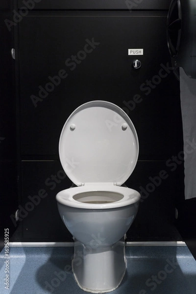 Fototapeta White porcelain toilet with lid up in a black stall