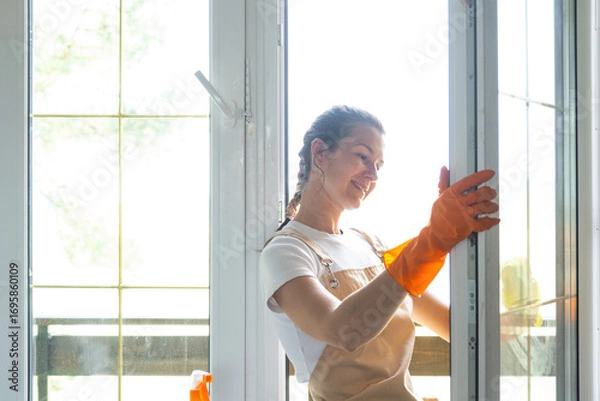 Fototapeta Woman in rubber gloves and apron manually washes window balcony of house with rag cleaner and mop inside interior. Restoring order and cleanliness in spring, cleaning servise