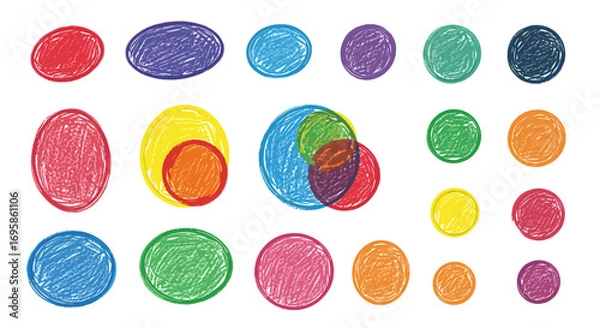 Fototapeta A collection of colorful crayon drawn ovals scattered on white background