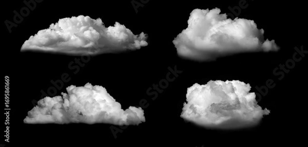 Fototapeta Four clouds are collected in a set on a black background. Easy to select and recolor for collage and editing. Masking and silhouettes for your designs. Brushes cloud and smoke projections.
