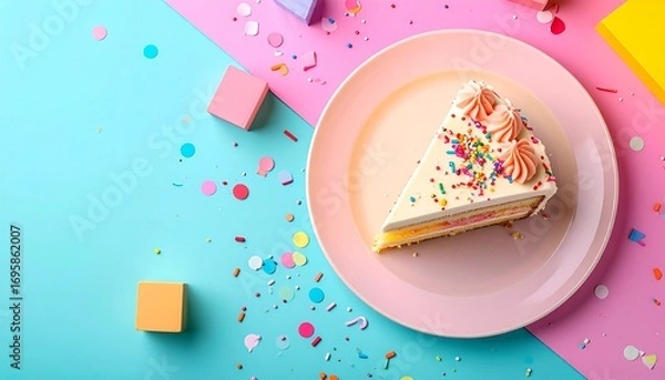 Obraz Slice of cake on pink pastel plate