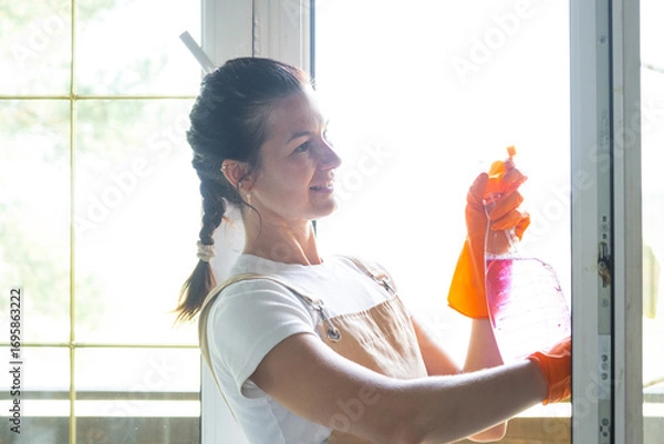 Fototapeta Woman in rubber gloves and apron manually washes window balcony of house with rag cleaner and mop inside interior. Restoring order and cleanliness in spring, cleaning servise
