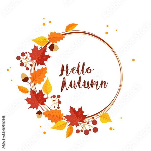 Fototapeta Hello autumn. Composition of autumn leaves. Autumn slogan for your design. Vector illustration isolated on white background