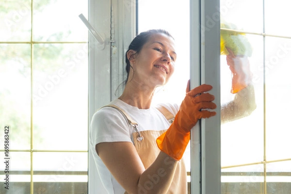 Fototapeta Woman in rubber gloves and apron manually washes window balcony of house with rag cleaner and mop inside interior. Restoring order and cleanliness in spring, cleaning servise