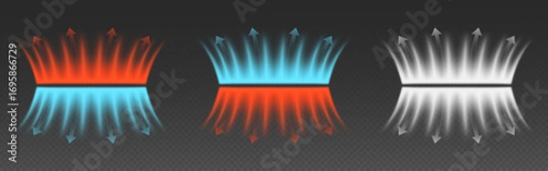 Obraz Glowing air streams with directional arrow indicators - red, blue and white on dark background for ventilation or cooling systems. Upward and downward movement visualization. HVAC circulation graphic.