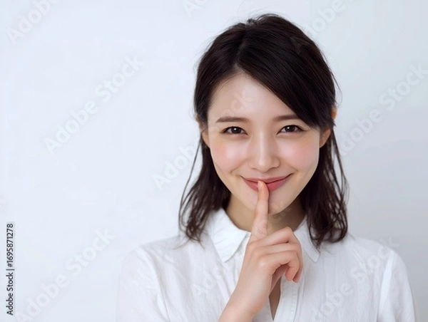 Fototapeta 笑顔で人差し指を口元に添える可愛い日本人女性