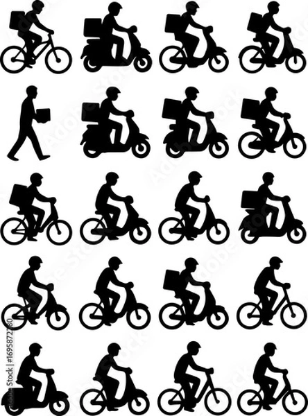 Fototapeta Silhouette icons of delivery riders on bikes, scooters, and cycles with packages. Great for food delivery, courier, logistics, and transportation service design projects.
