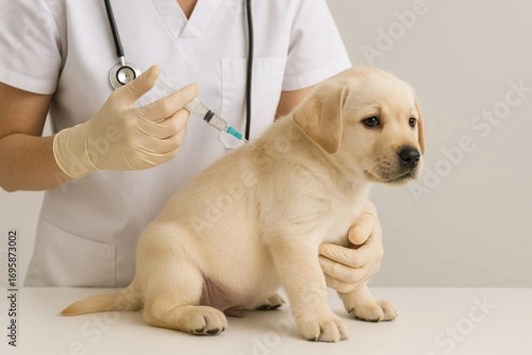 Fototapeta Caring veterinarian administers vaccination to a puppy in a clinical setting during a routine check-up