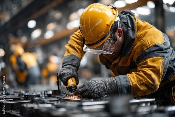 Fototapeta A man in a hard hat and mask works on a machine in a factory